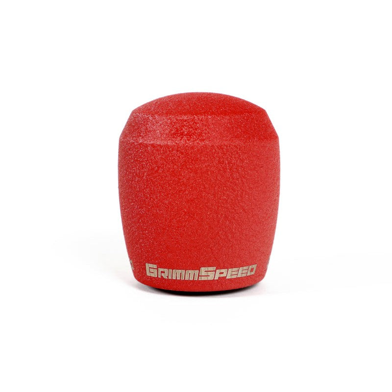 Red finished stainless steel stubby shift knob with internal M12x1.25 threading and weighted ergonomic design.
