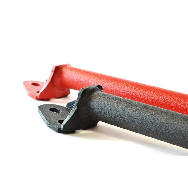 Red powder-coated GrimmSpeed strut tower brace for Subaru BRZ, Scion FR-S, and Toyota 86