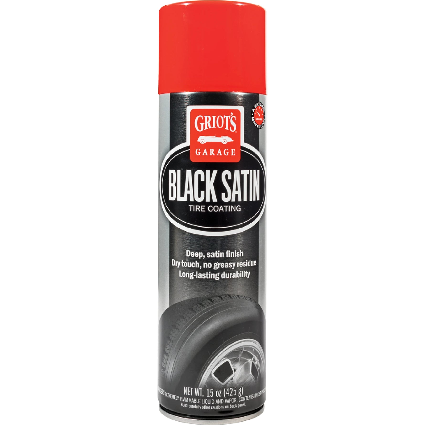 15oz aerosol can of Griot's Garage Black Satin Tire Coating with spray nozzle.