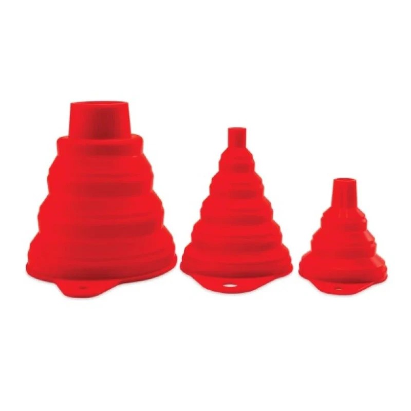 Three Griot's Garage collapsible silicone funnels in different sizes showing both expanded and collapsed positions.