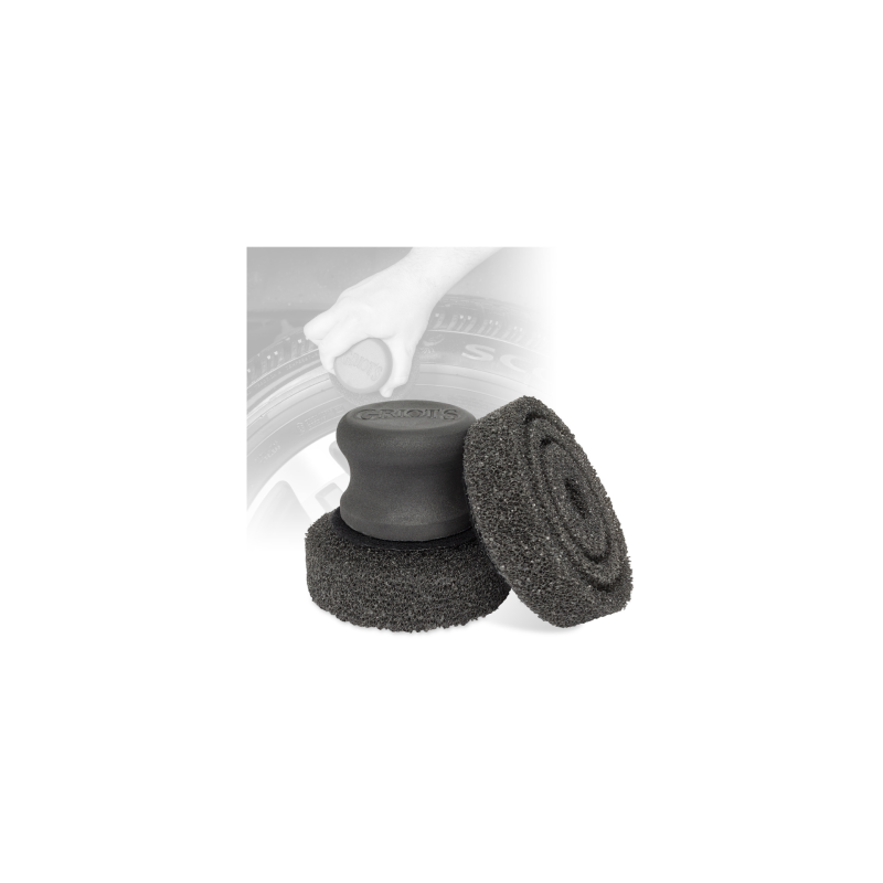 Griot's Garage Target Tire Dressing aerosol can and blue ergonomic foam applicator for precision tire detailing.