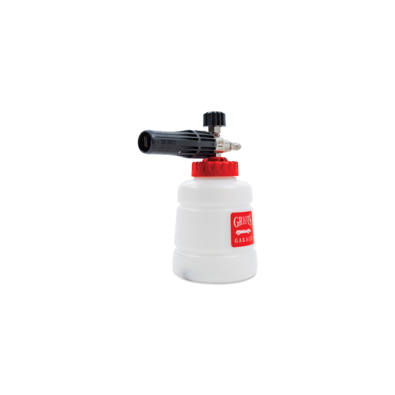 Griots Garage THE BOSS Foam Cannon with clear wide-mouth jar, stainless steel nozzle, and black adjustment dial.