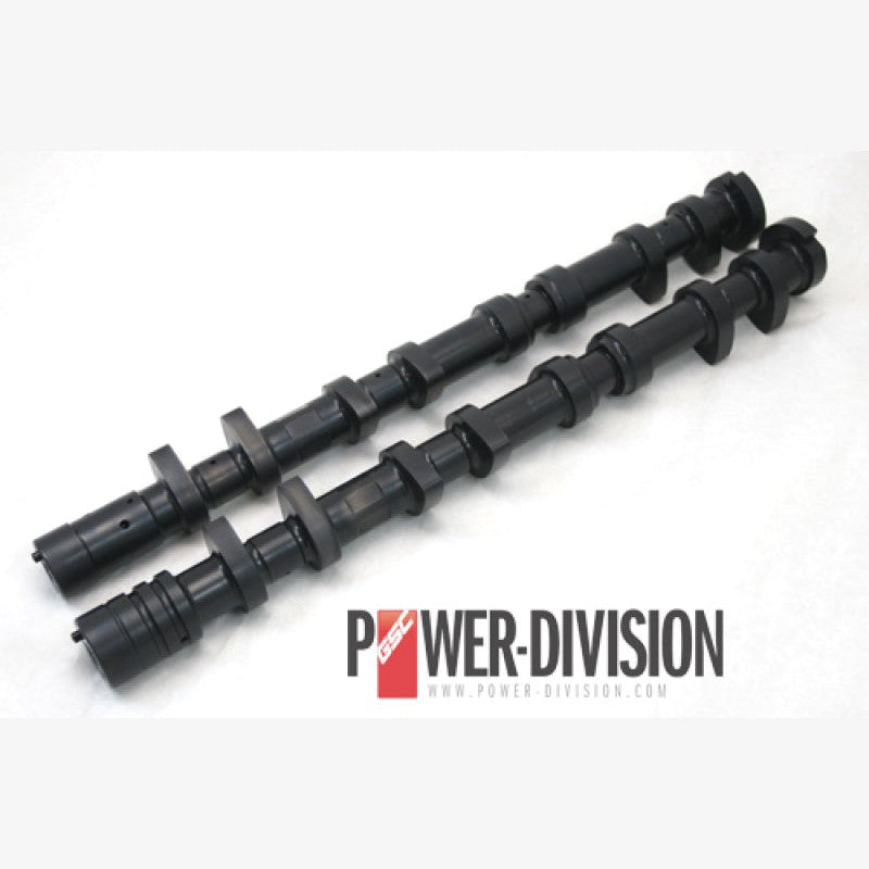 A pair of GSC Power-Division S3 280/280 billet steel camshafts for the Mitsubishi 4B11T engine.