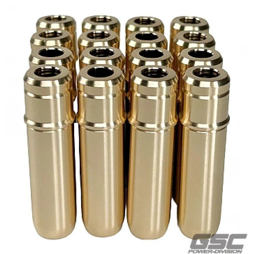 Set of 16 GSC Power-Division valve guides with stoppers for Ford 5.0L Coyote Gen 1 and Gen 2 intake and exhaust ports.