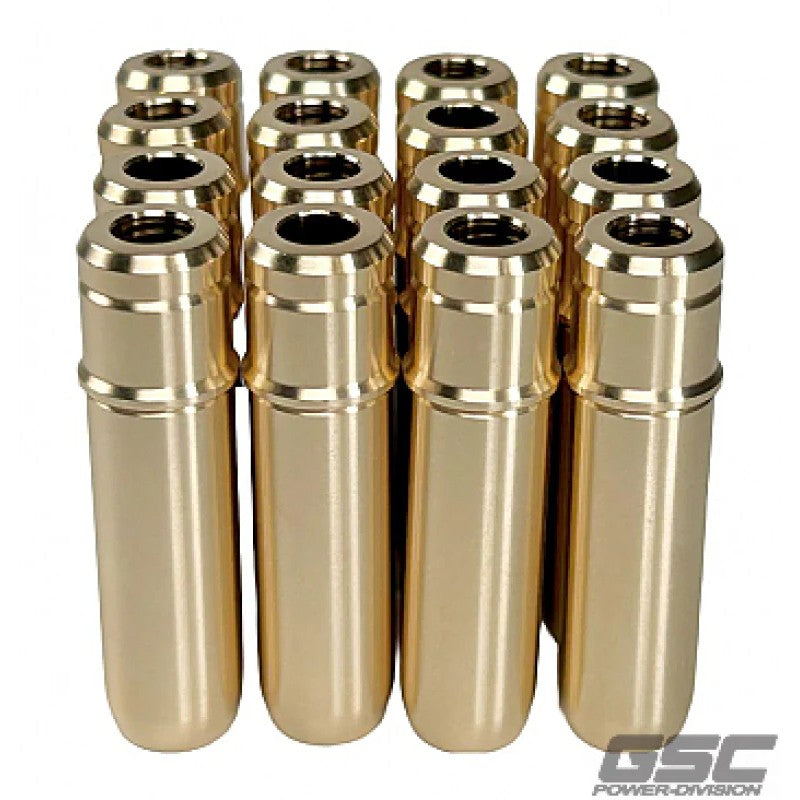 Set of 16 GSC Power-Division precision-machined intake and exhaust valve guides for Ford Coyote Gen 3 engines.