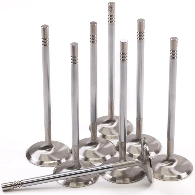 Set of eight GSC Power-Division chrome polished 37.27mm intake valves for Ford Mustang 5.0L Coyote Gen 1/2 engines.