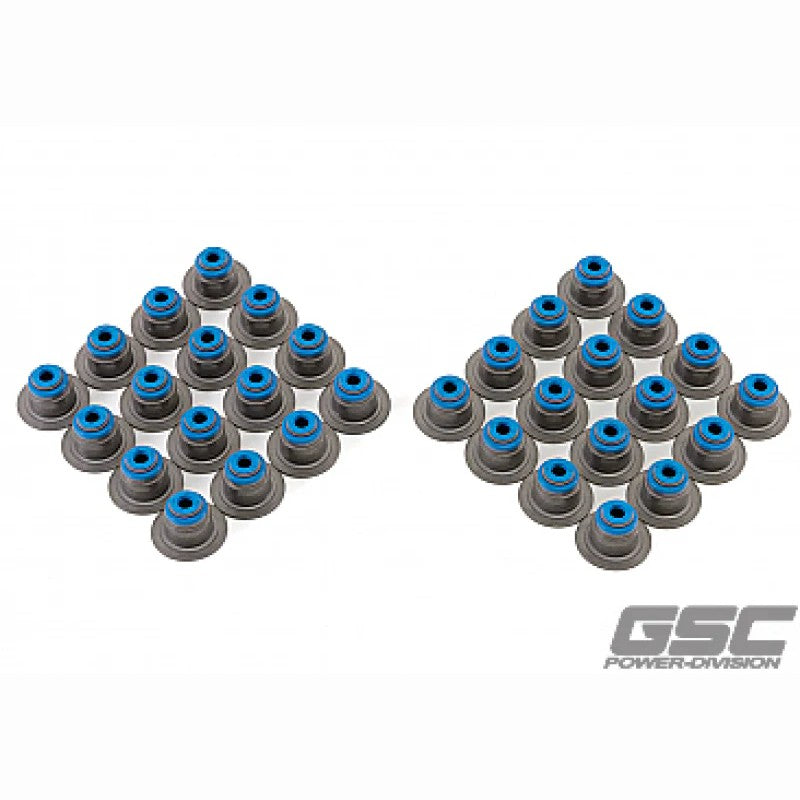Set of 32 GSC Power-Division valve stem seals with integrated spring seats for Ford Mustang 5.0L Gen 3 Coyote engines.