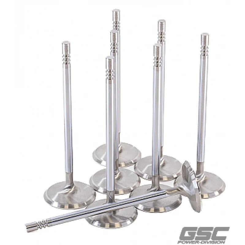 Set of 8 GSC Power-Division Super Alloy exhaust valves with 32.5mm heads for Ford Voodoo and Predator 5.2L engines.