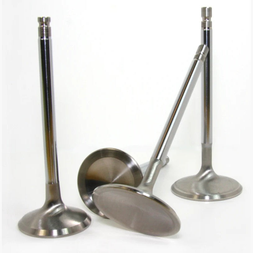 Set of 12 GSC Power-Division chrome polished super alloy exhaust valves for Nissan VR38DETT engines.