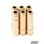 Set of six bronze-colored manganese intake valve guides with integrated stopper shoulders for Toyota G16E engines.