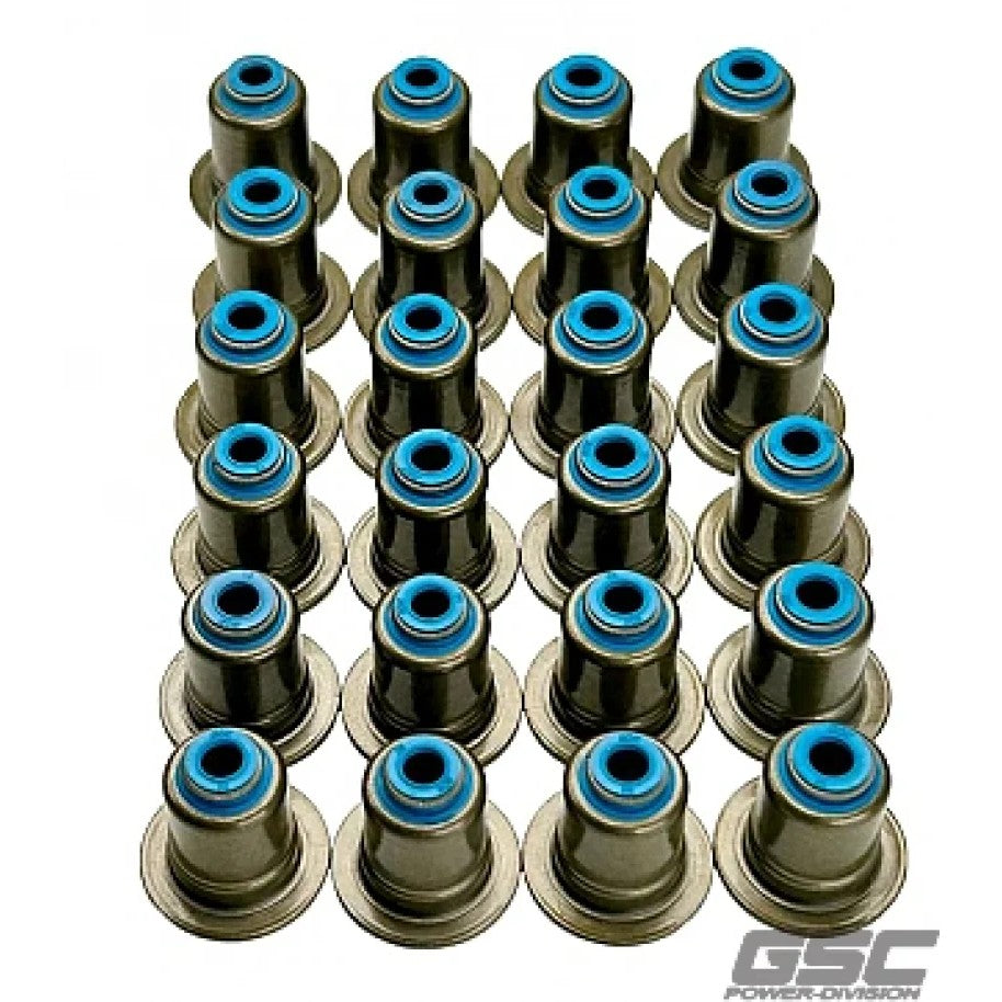 Set of 12 GSC Power-Division Viton intake valve stem seals for BMW B58, N54, S55, S58, and Toyota Supra engines.