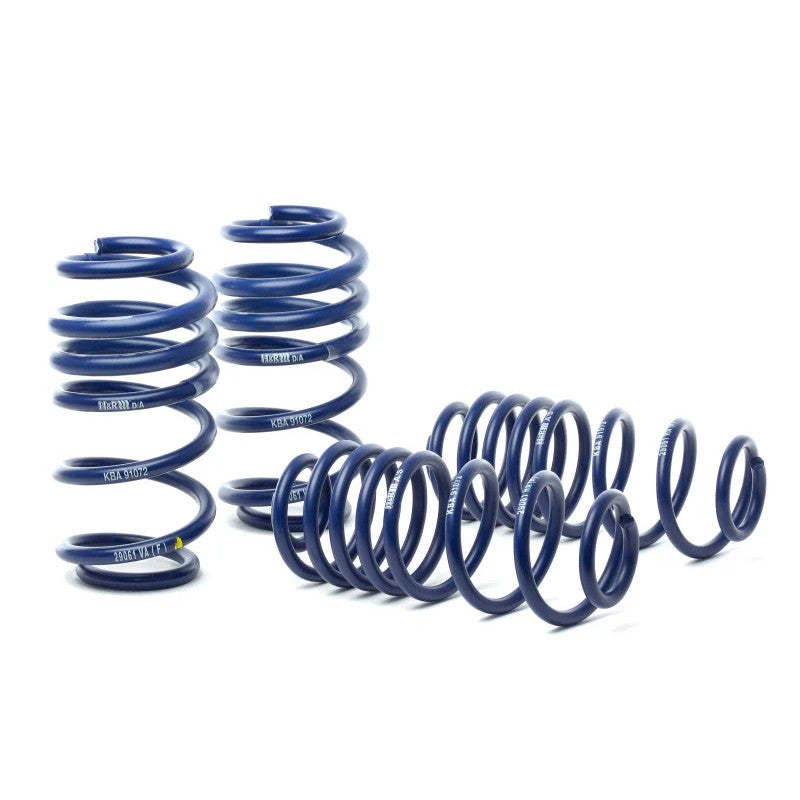 H&R Sport Springs lowering kit with blue powder-coated progressive rate coils for 2009-2016 Audi A4 and S4 B8 models.