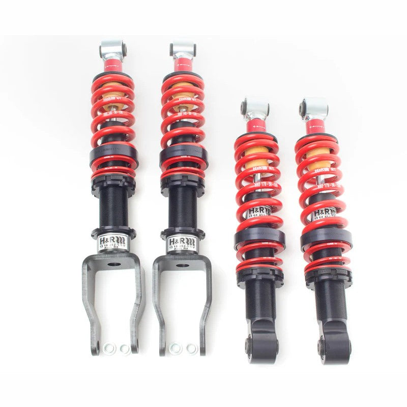 H&R RSS+ adjustable mono-tube coilover kit with black hard anodized aluminum shock bodies and springs.