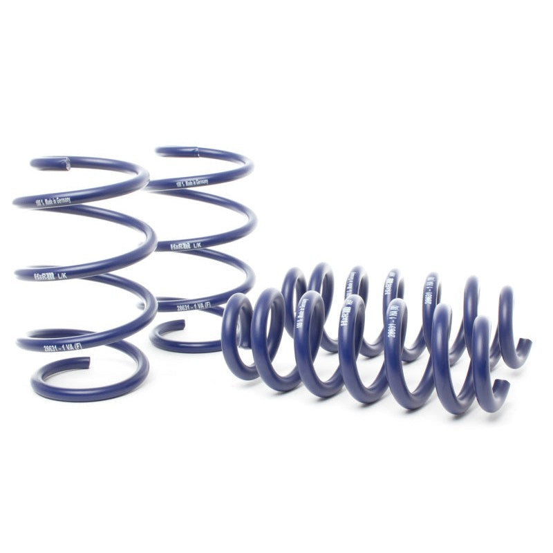 Set of blue H&R Sport Springs for BMW 330e and 330e xDrive G20 sedan models.