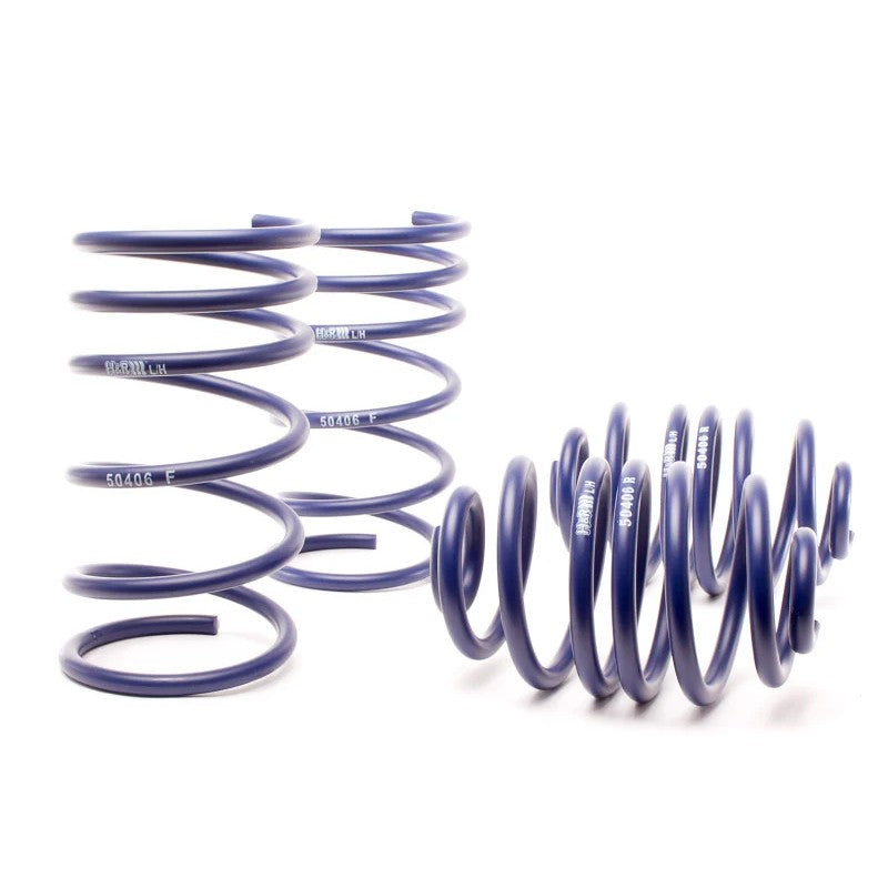 Blue powder-coated H&R Sport Spring kit for 1985-1991 BMW E30 3 Series models.
