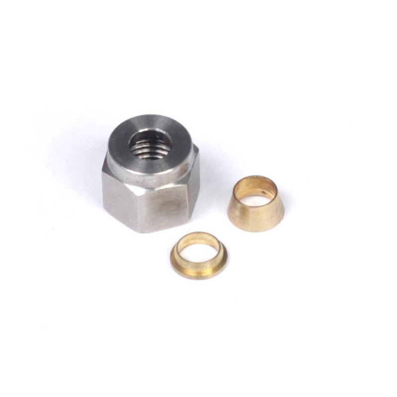 Haltech HT-010808 1/4-inch compression nut and matching brass ferrule.