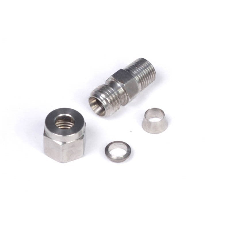 Haltech HT-010813 stainless steel compression fitting assembly showing the 1/8 inch NPT threads, nut, and internal ferrule.
