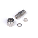 Haltech HT-010813 stainless steel compression fitting assembly showing the 1/8 inch NPT threads, nut, and internal ferrule.