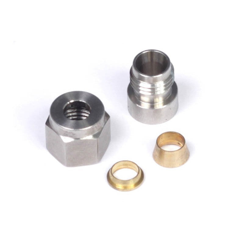Haltech 1/4 inch stainless steel weld-on bung with matching compression nut and ferrule hardware kit