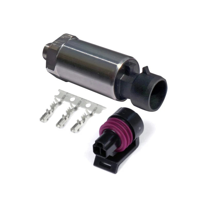 Haltech HT-010910 150 PSI pressure sensor with stainless steel diaphragm, 1/8 NPT threads, and electrical connector kit.