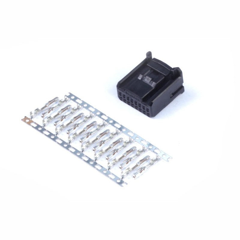 Haltech HT-030006 16-pin TYCO connector housing with a set of 16 individual terminal pins for auxiliary I/O wiring.