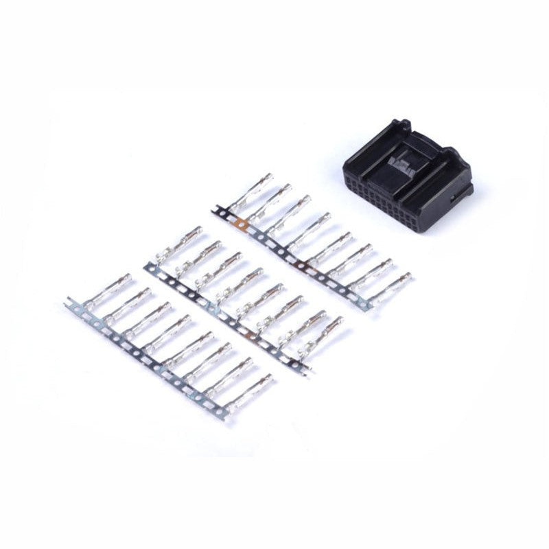 Haltech HT-030007 24-pin Tyco electrical connector housing with a pack of 24 terminal pins for wiring harnesses.