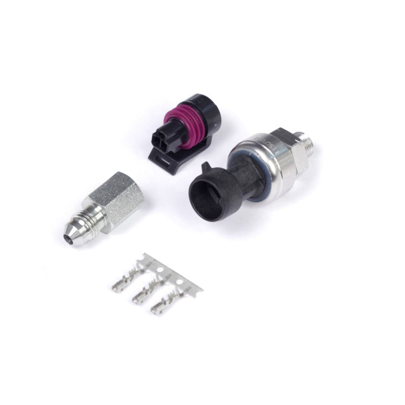 Haltech 500 PSI pressure sensor featuring a stainless steel body and TI sensing element.