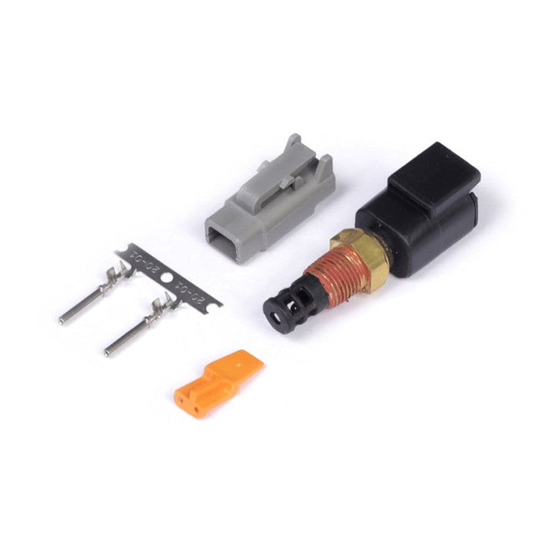 Haltech 1/8 NPT air temperature sensor featuring a brass threaded body and a two-pin electrical connector.