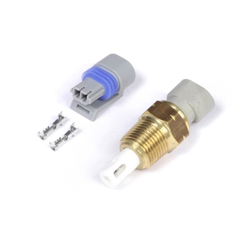 Haltech 3/8 NPT 18 TPI air temperature sensor with included Delphi connector plug and terminal pins.