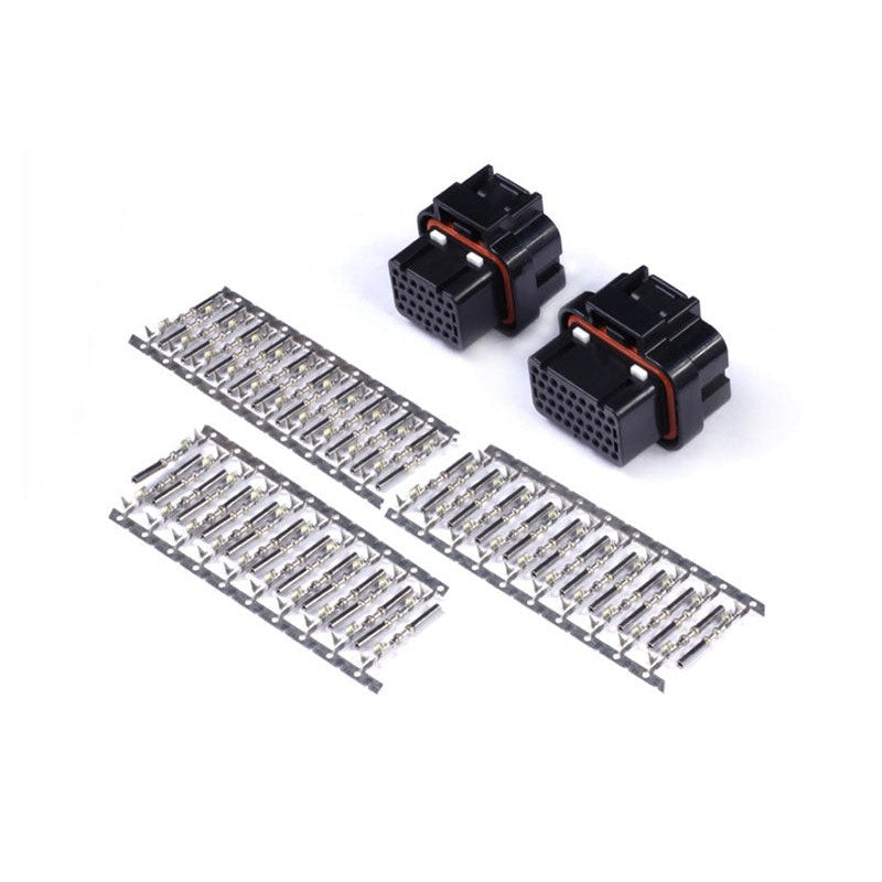 Haltech 26-pin and 34-pin 4-row 3-keyway Superseal connector housings with a complete set of crimp terminals.