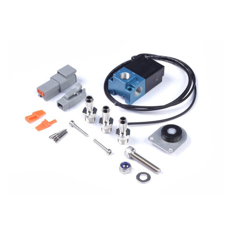 Haltech 3-port boost control solenoid with hose fittings, rubber isolated mount, and Deutsch DTM-2 connectors.