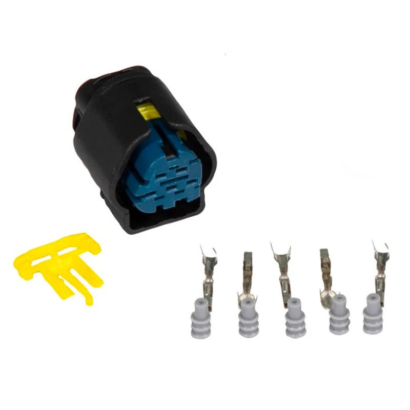 Haltech HT-030315 wiring connector kit featuring a black plastic housing, four metal terminals, and four yellow seals.