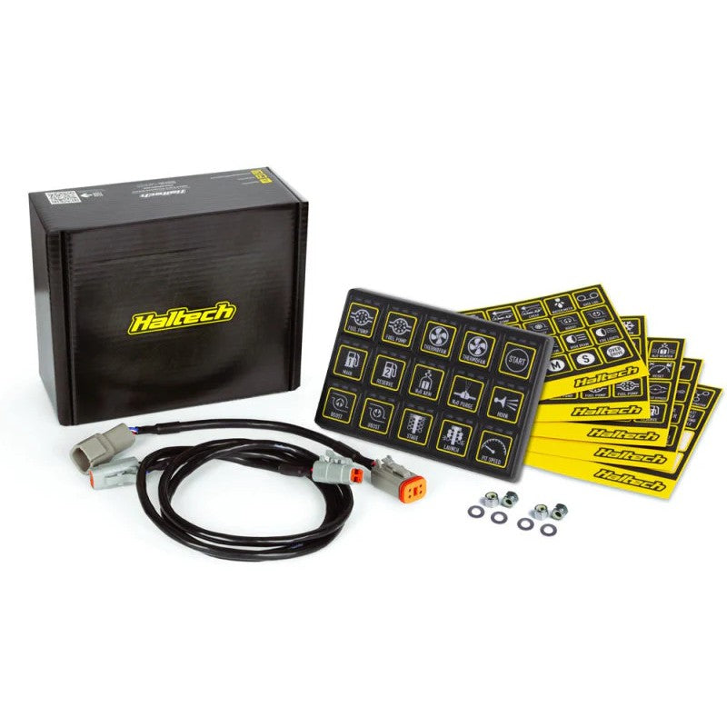 Haltech 15-button CAN keypad with a 3x5 layout and amber backlighting for vehicle control systems.