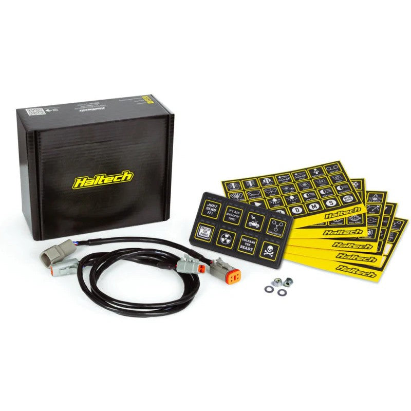 Haltech 8-button CAN keypad with a 2x4 button matrix and amber backlighting.