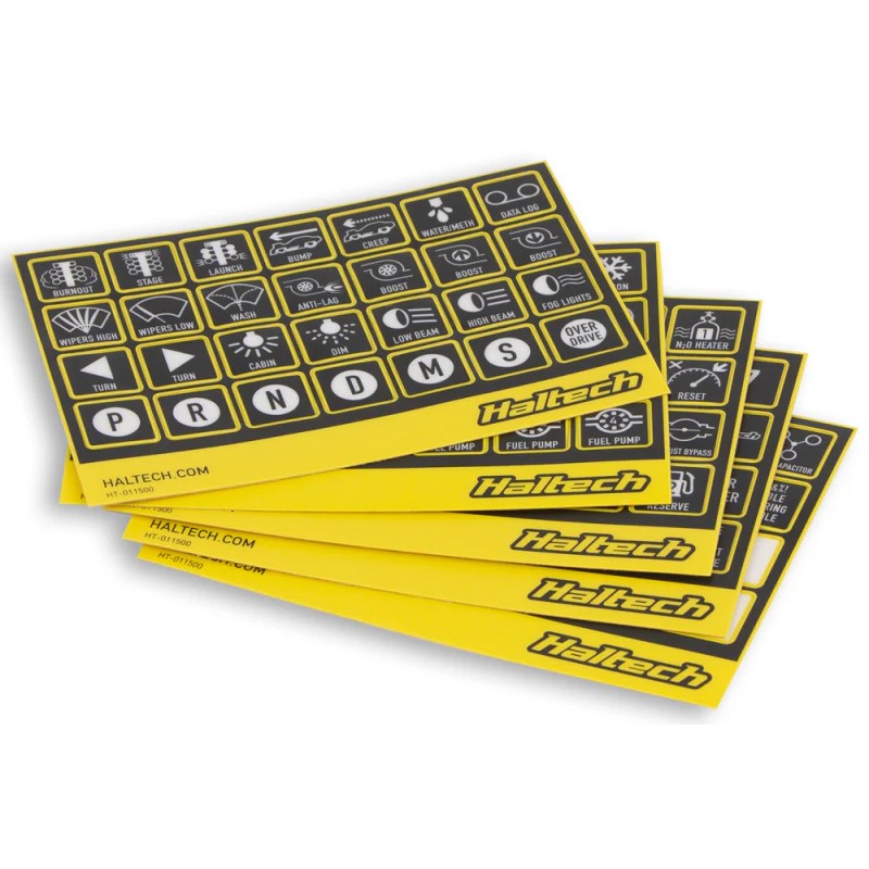 Sheets of 140 individual white-on-black icons and text labels for Haltech CAN keypads.