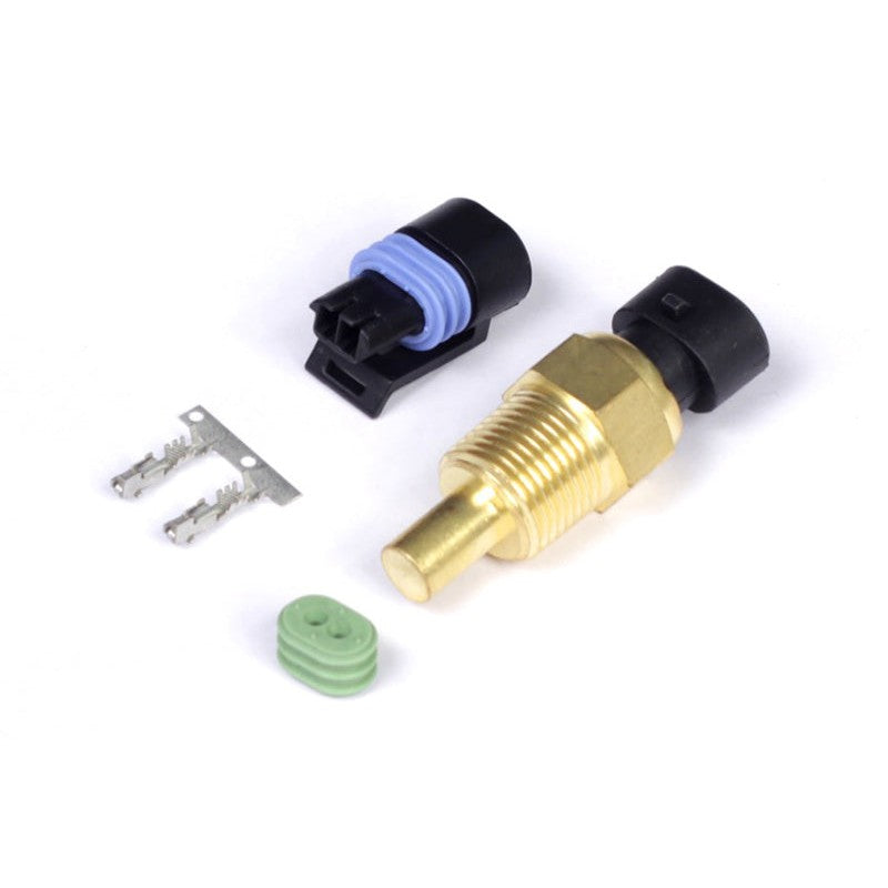 Haltech coolant temperature sensor with 3/8 NPT threads and included Delphi plug and terminal pins.