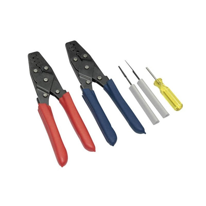Haltech dual crimper tool set with three terminal pin removal tools in a protective blue carrying case.