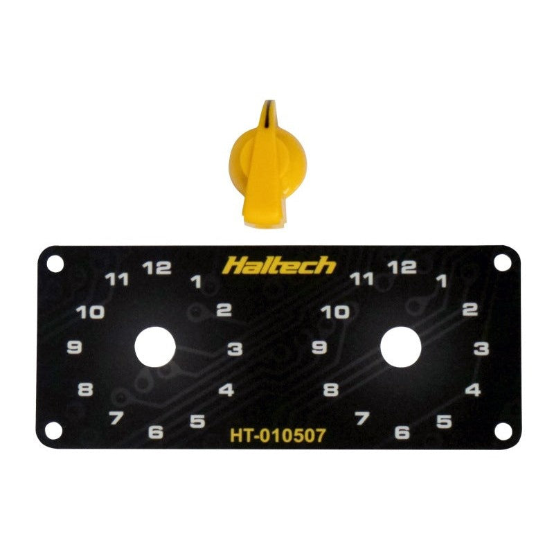 Haltech HT-010509 dual switch mounting panel featuring two 12-position rotary trim modules and a yellow adjustment knob.
