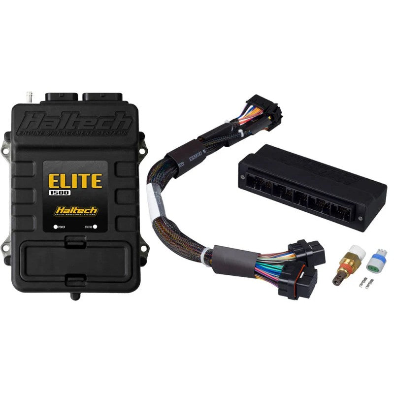 Haltech Elite 1500 ECU unit shown with its dedicated plug-and-play adapter harness and connector pins.