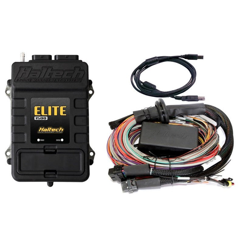 Haltech Elite 1500 ECU unit with 2.5 meter premium universal wire-in wiring harness and USB programming cable.