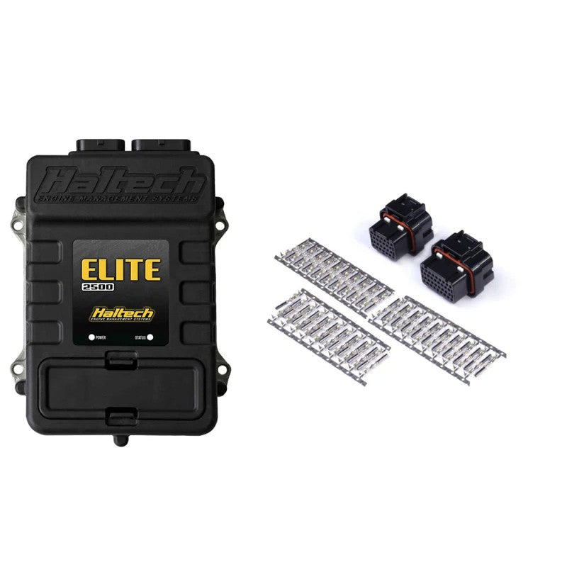 Haltech Elite 2500 engine management unit with two grey waterproof multi-pin connectors and a set of wiring pins.