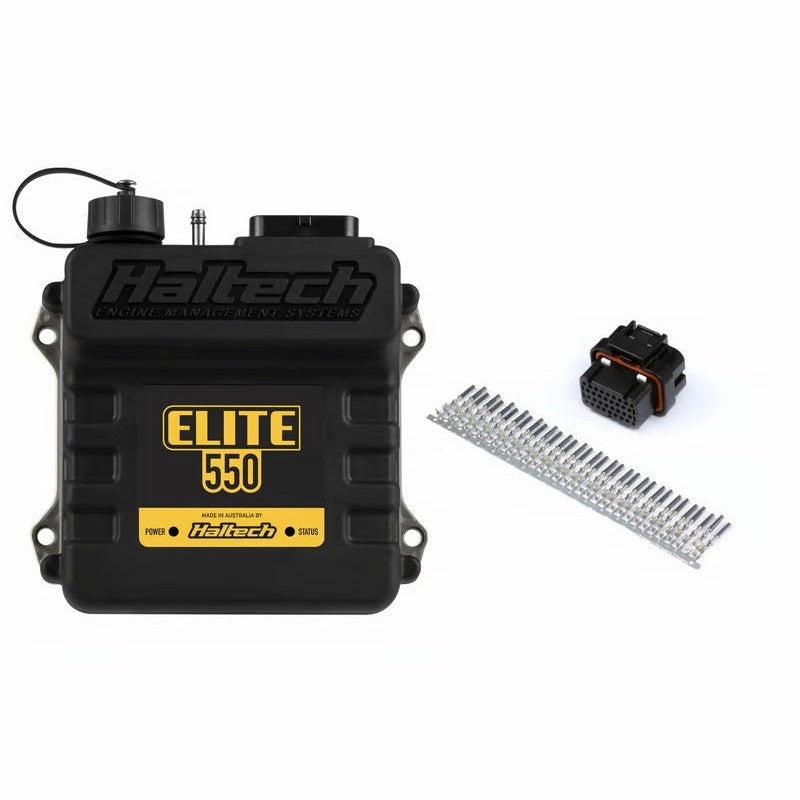 Haltech Elite 550 engine management system showing the ECU unit and the included plug and pin set for custom wiring.