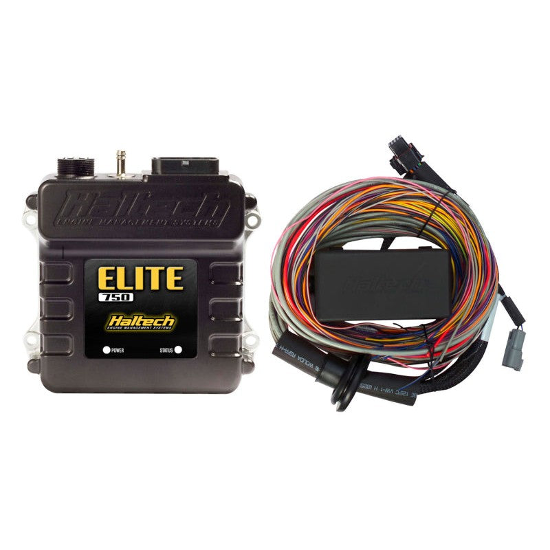 Haltech Elite 750 ECU unit with the premium universal wire-in harness and integrated fuse block.