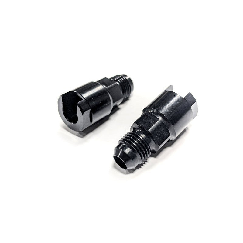 Pair of Haltech HT-011030 flex fuel adapter fittings, 3/8 inch GM spring lock to -6AN male.
