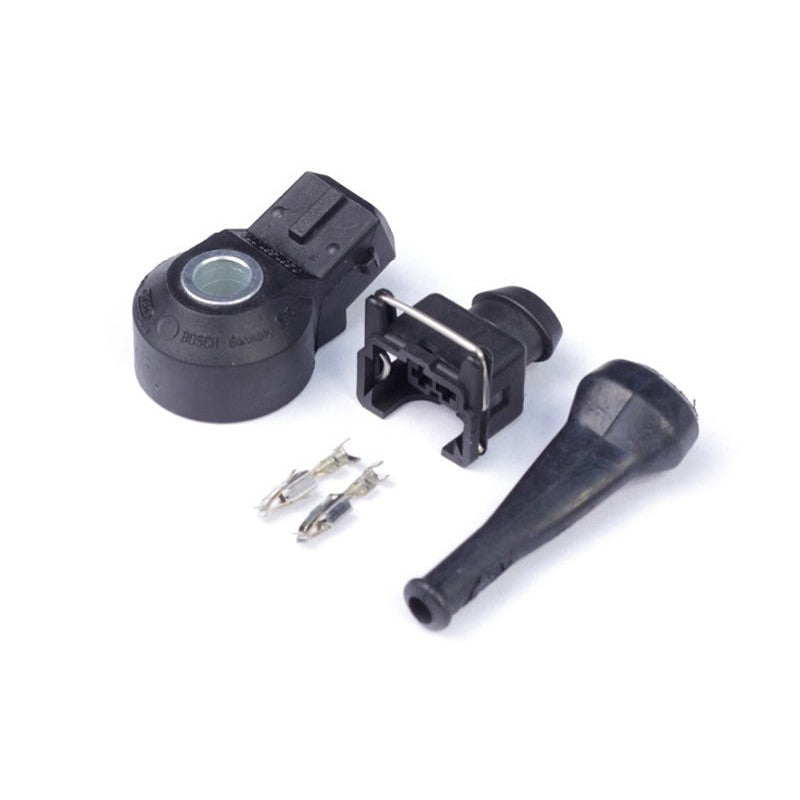 Haltech HT-011100 Bosch knock sensor showing the 8mm mounting bore, matching 2-pin connector, and terminal pins.