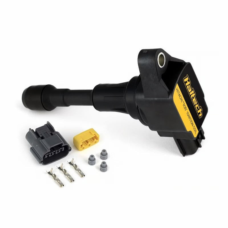 Haltech Hitachi R35 ignition coil with integrated ignitor, including electrical connector plug and terminal pins.