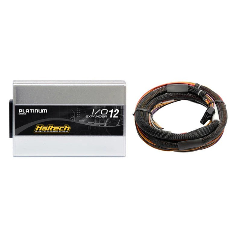 Haltech IO 12 Expander Box A module with 2.5m flying lead harness and DTM4 to 8-pin CAN cable.