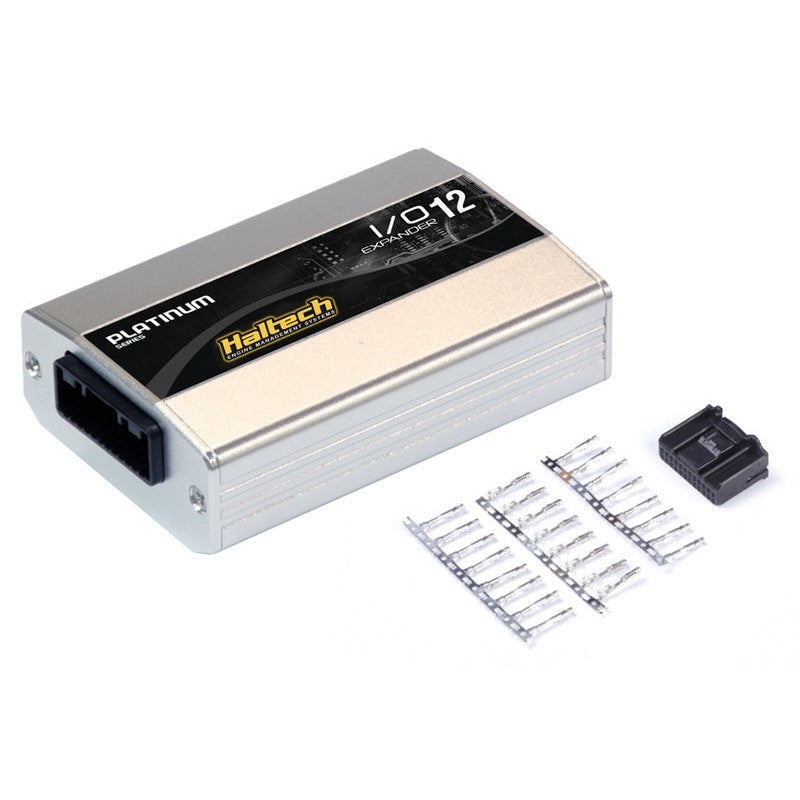 Haltech IO 12 Expander Box A with 12-channel CAN interface, harness plug, terminal pins, and black 300mm CAN cable.