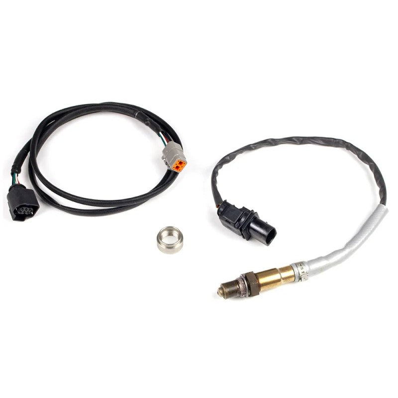 Haltech LSU 4.9 wideband oxygen sensor kit including wiring harness and threaded weld-in exhaust bung.