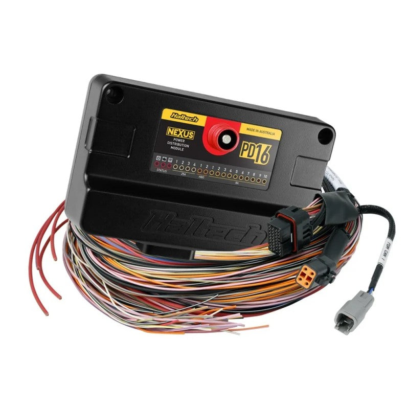 Haltech NEXUS PD16 Power Distribution Module with 5m flying lead wiring harness and 120A Surlok connector.